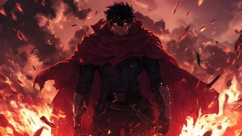 Dark warrior in tattered crimson cloak emerges from firestorm.