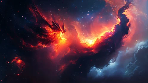 Stellar fire-dragon unfurling through a stormy cosmic sea.
