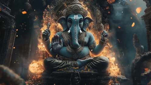 Divine elephant guardian enthroned amid sacred flames.