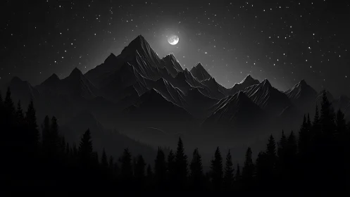 Monochrome mountain range under moonlit starry night sky.