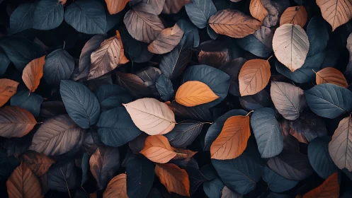 Overhead macro of autumn foliage with teal and copper tones