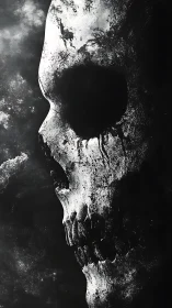 High contrast eroded skull profile rendered in harsh monochrome