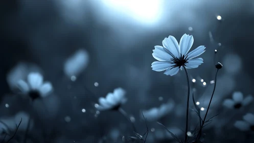 Blue Cosmos Flower in Soft Focus Evening Light.