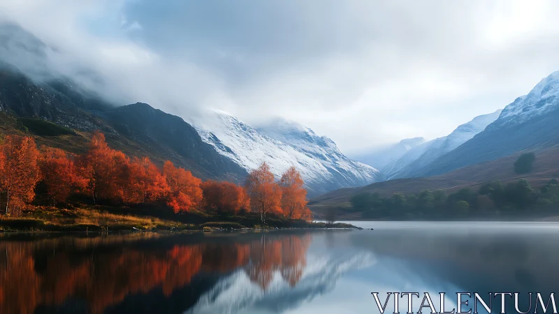 Snowy mountain valley reflected in calm lake with autumn trees