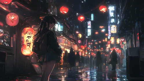 Girl walks alone through rainy neon lantern street at night