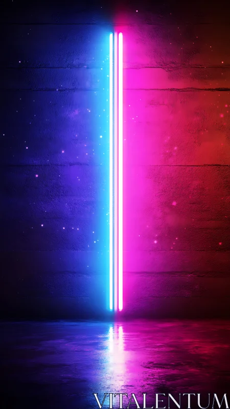 Bipolar neon light columns splitting chromatic space field.