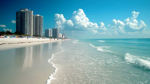 High-rise shoreline under bright cyan coastal sky.