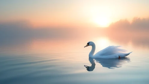 Swan drifts through sunrise mist on a glassy pastel lake.