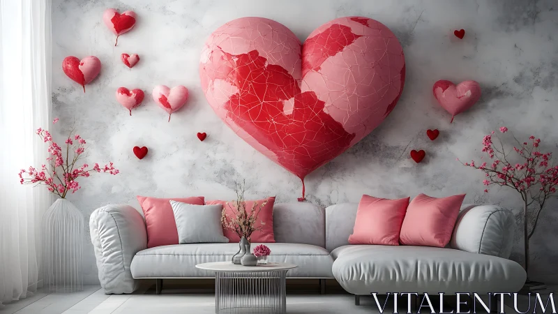 3D rendered interior with geometric heart sculpture and cushions