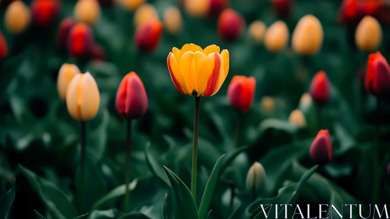 Chromatic Depth Isolation: Yellow-Red Tulip Focal Prominence with Selective Blur.