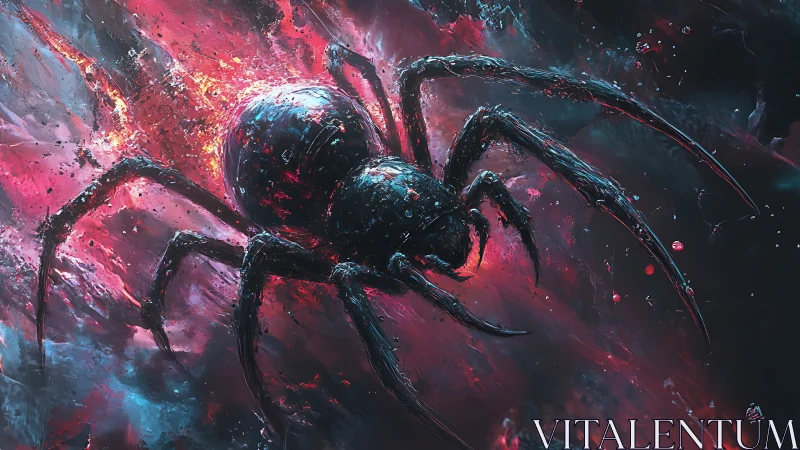 Galactic ember spider drifting through neon cosmic tides.