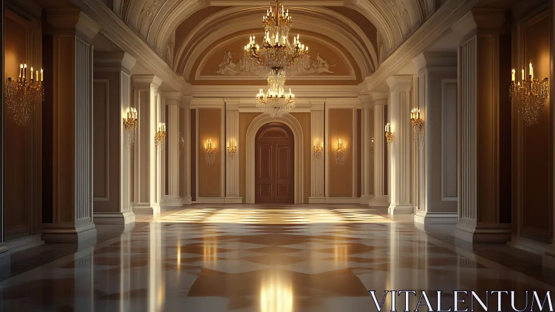Grand neoclassical hall with chandeliers and warm light.