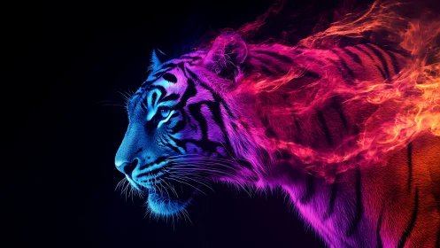 Chromatic tiger profile with bifurcated neon plasma flames.