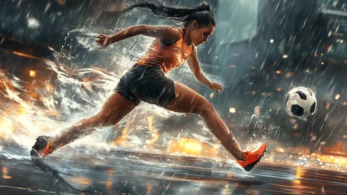 Rain-drenched soccer power shot under glowing city lights.