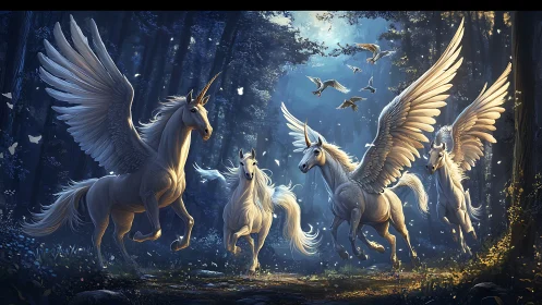 Moonlit forest erupts as winged unicorns launch into flight