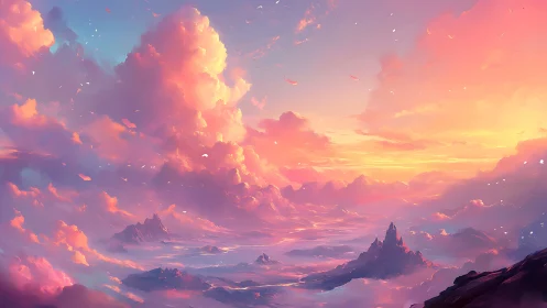 Volumetric cloudscape over luminous pastel mountain range