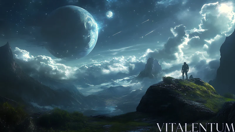 Solitary astronaut observes distant planet above clouded valley