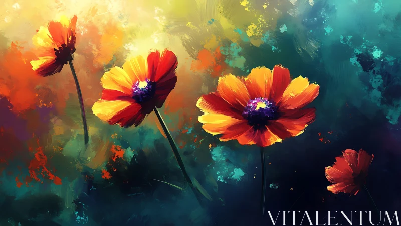 Sunlit poppies drift through a storm of painted color