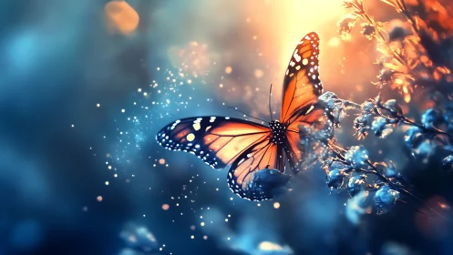 Monarch butterfly in bokeh-saturated bioluminescent dusk field.