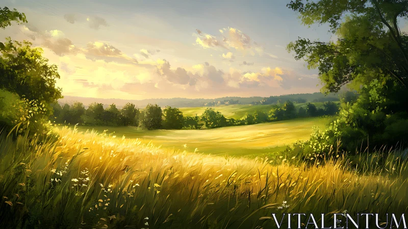 Sunlit summer meadow overlooking distant rolling hills.