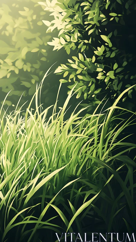 Sunlit meadow grass blades cut through deep forest shade.