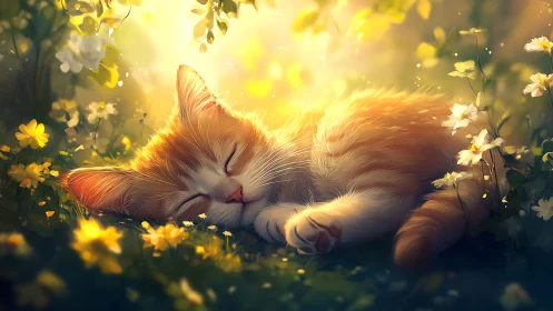 Backlit ginger kitten sleeping in shallow DOF floral meadow