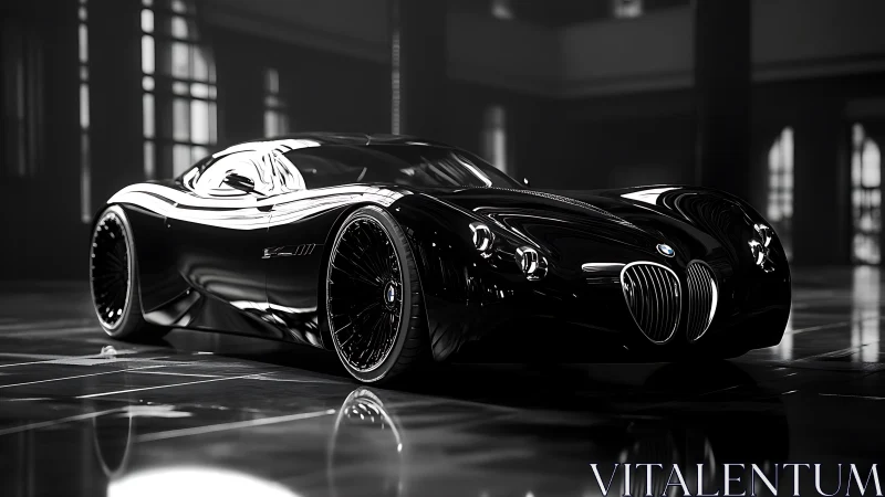 Black BMW concept supercar in glossy monochrome studio shot.