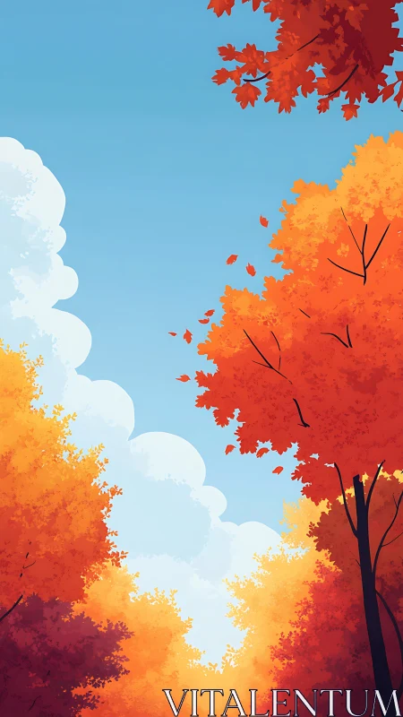 Autumn canopy illustration under clear blue sky.