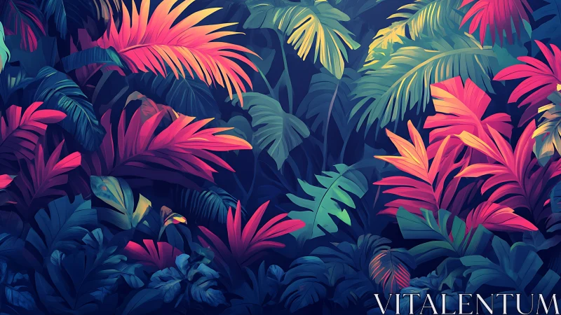 Neon jungle canopy whispering in twilight silence.