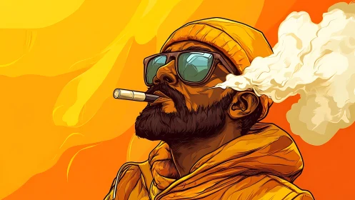 Bearded man smoking against stylized orange background.