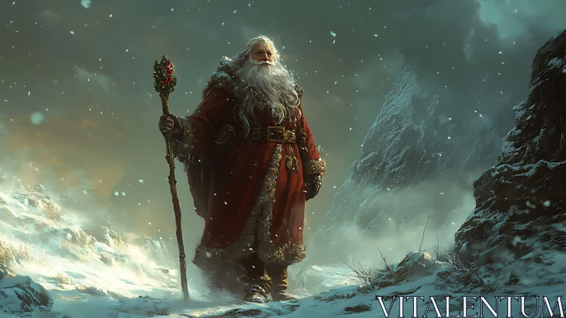 Mythic winter guardian in crimson robes on stormy ridge.
