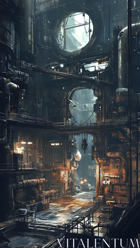 Layered industrial megastructure glows in rusted gloom.