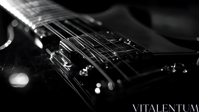 Close view shows electric guitar strings, pickups and bridge