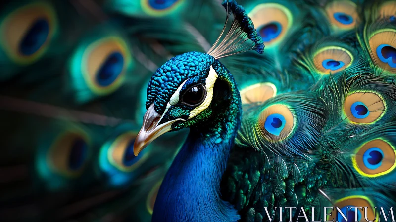 Vibrant peacock portrait with iridescent blue and green feathers.