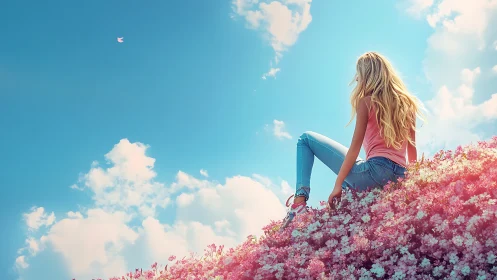 Backlit woman on floral hillside under saturated cyan sky