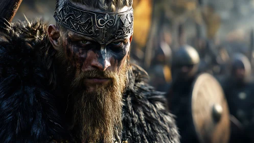 Battle-hardened Viking commander in fur and etched circlet.