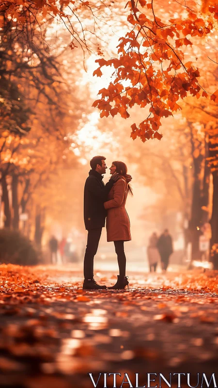 Two figures positioned on autumn path with overhead foliage.