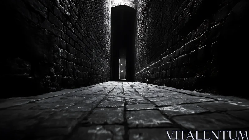 Low-angle monochrome alleyway with distant light portal.