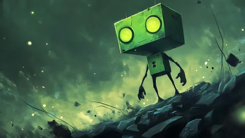 Green box-headed robot wandering a glowing alien wasteland.