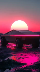 Neon dusk crowns a polygonal truck in liquid magenta light