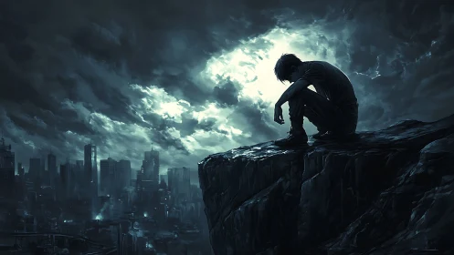 Quiet storm above the city, one soul on the cliff edge.