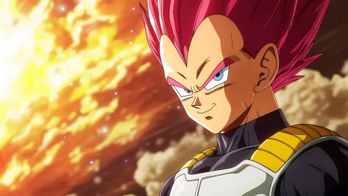 Saiyan warrior stands before blazing cosmic explosion.