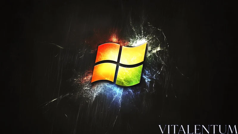 Glowing four-color window bursts from a dark textured void