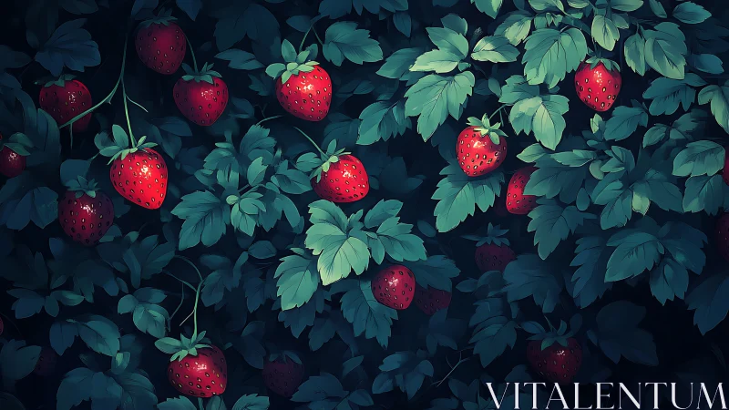 Strawberry plants with ripe fruit against dense dark foliage.