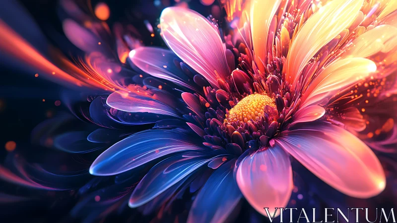 Digital macro of luminous multicolor abstract flower form.