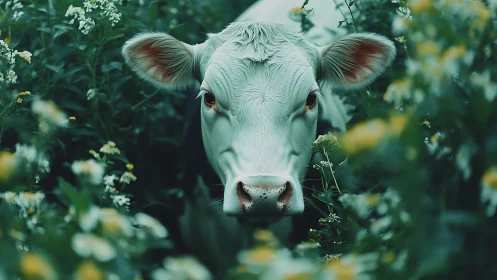 High-detail cow portrait framed by shallow-depth floral foreground
