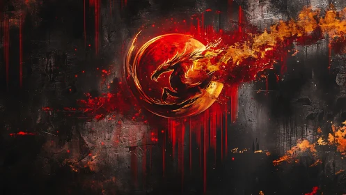 Fiery dragon emblem in red and orange abstract field.