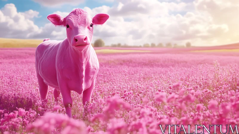Pink cow stands in dreamy flower field under soft skies