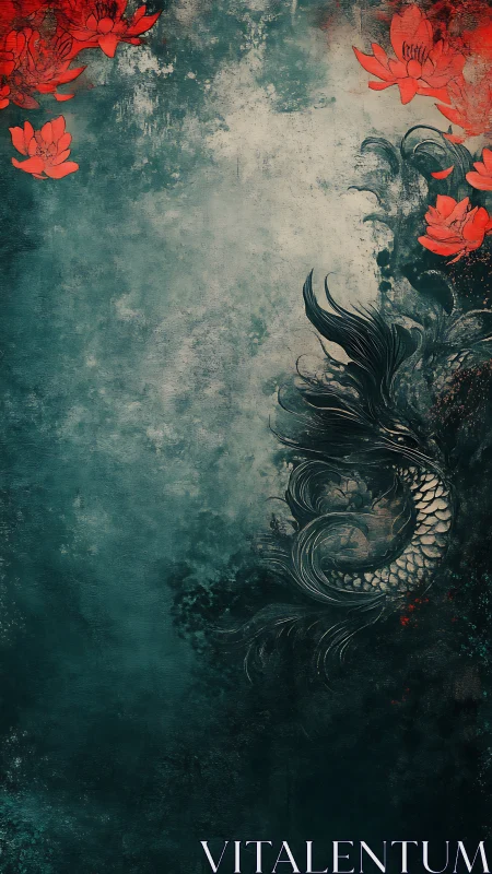 Koi silhouette with red lotus blooms on teal grunge field.