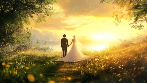 Bride and groom walk sunlit meadow path toward glowing sunset